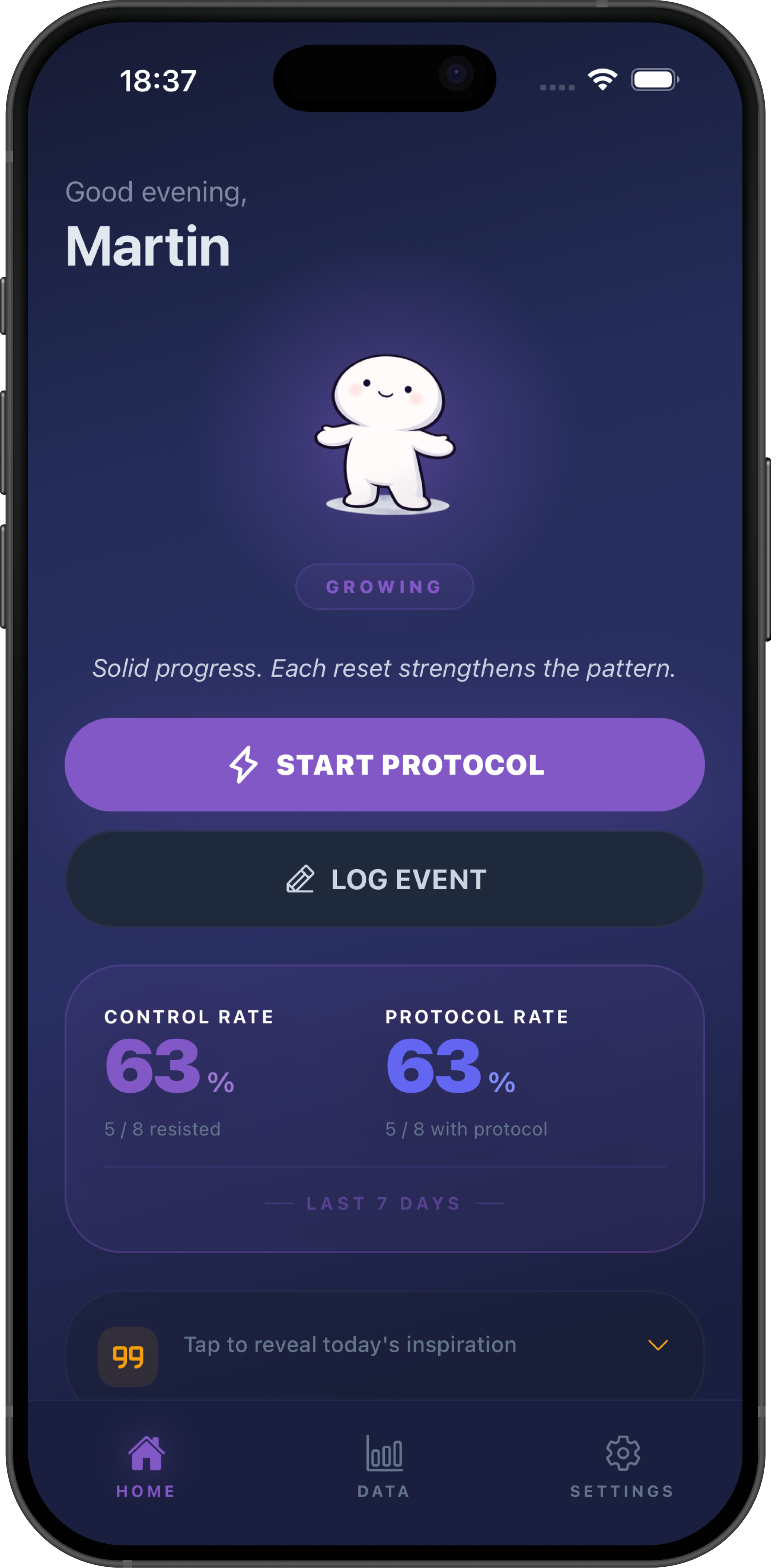 IMPULSE porn addiction recovery app showing urge tracking dashboard, IMPULSE Protocol, and pattern analysis on a smartphone